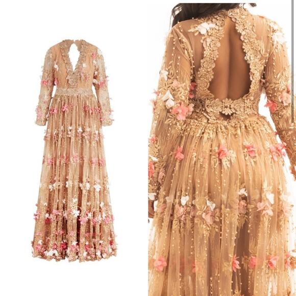 Nichole Lynel Long Sleeve Gown Floral Applique Full Bloom Medium Statement Piece - Picture 3 of 9